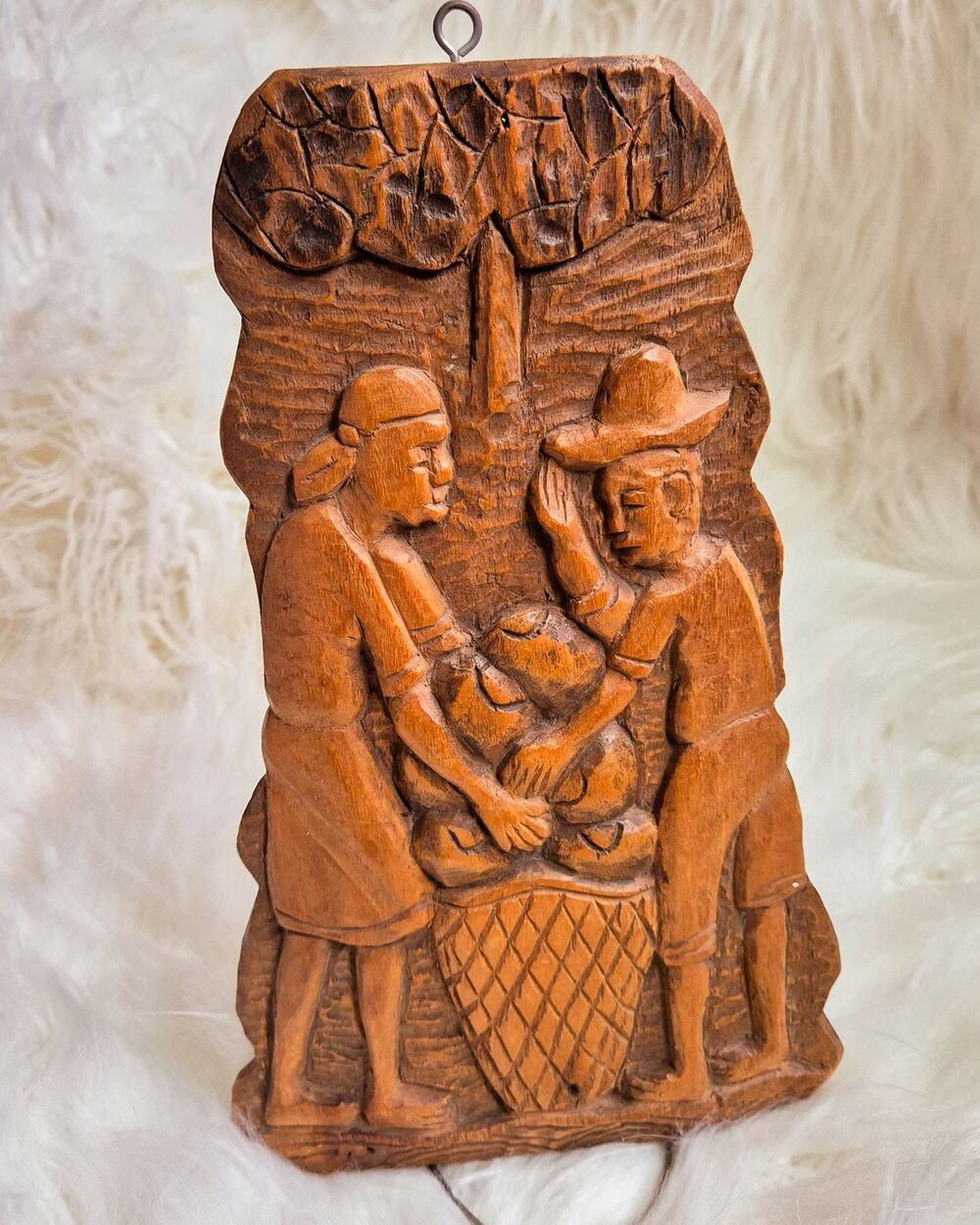 Vintage Haitian Folk Art Carved Wood Harvest Wall Relief Couple